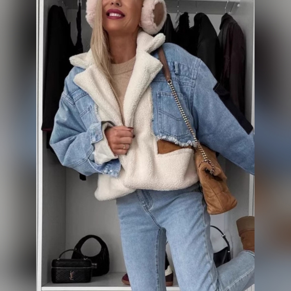 Stylish Sherpa Comfortable Warm Denim Jacket - Picture 5 of 9